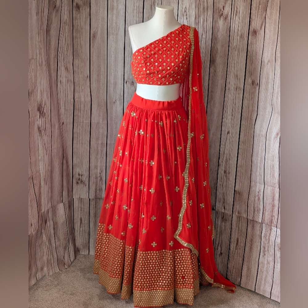 Beautiful Bright Orange and Gold Lehenga Choli Set